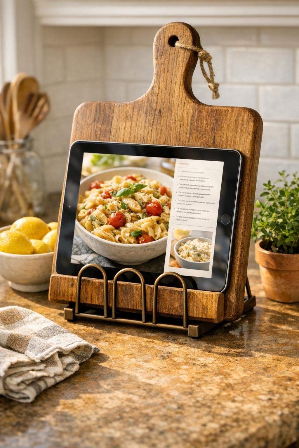 Finished cutting board tablet stand styled on a kitchen counter
