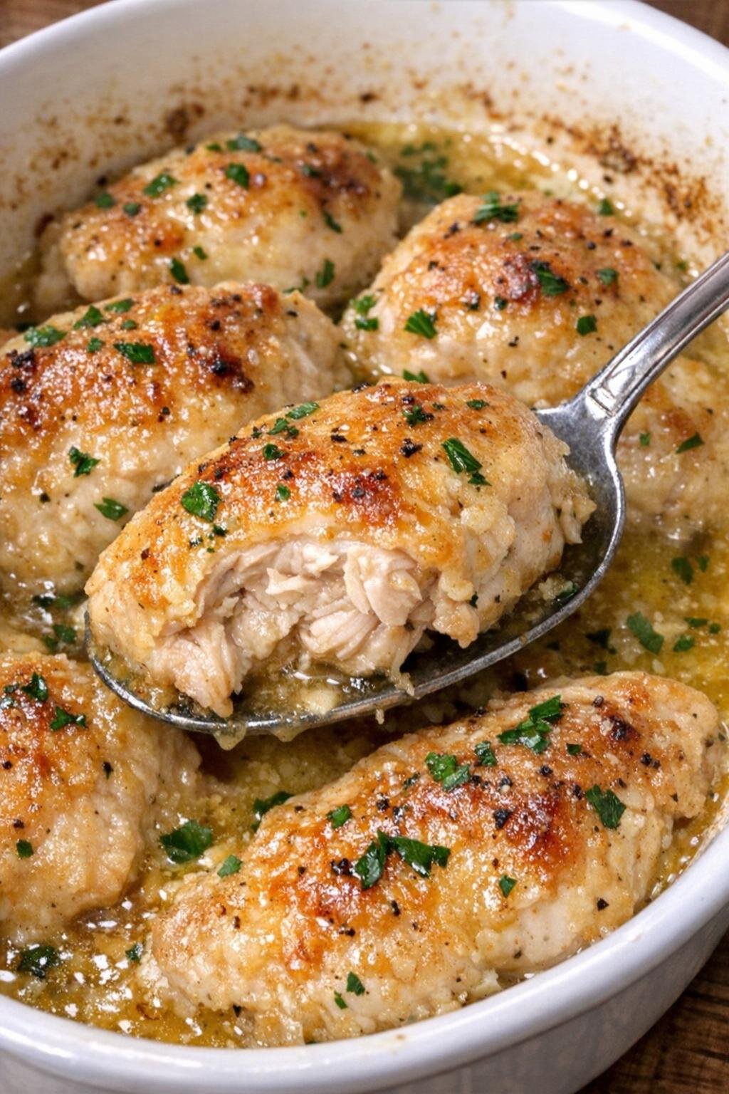 Golden chicken pieces in a white oval casserole dish