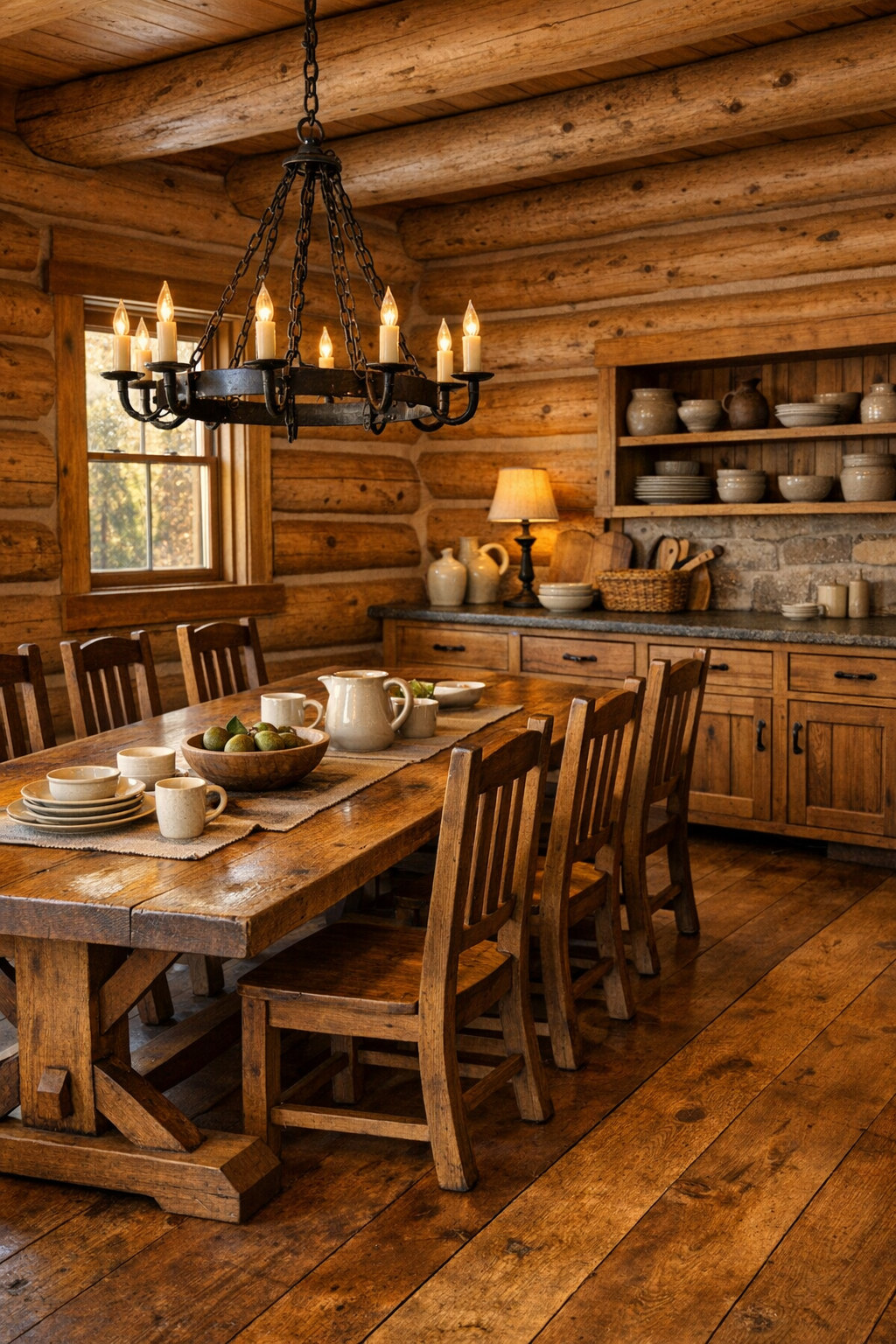Rustic dining room with a long handcrafted trestle table, iron chandelier, and log walls