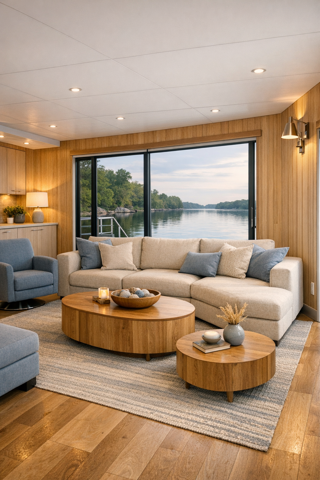 Accessible modern houseboat living room with lake views, oak finishes, and soft neutral seating