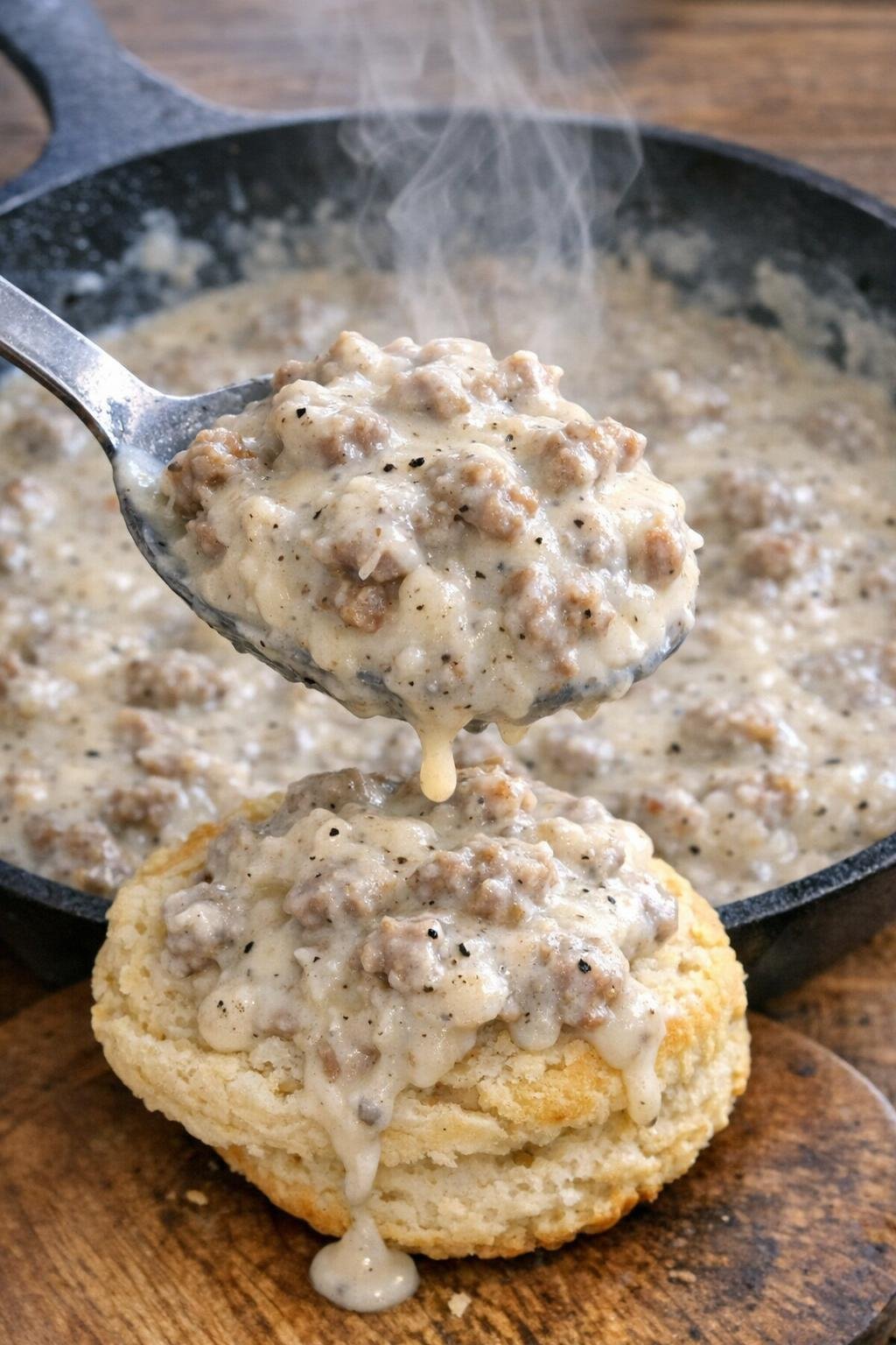 Finished biscuits and sausage gravy