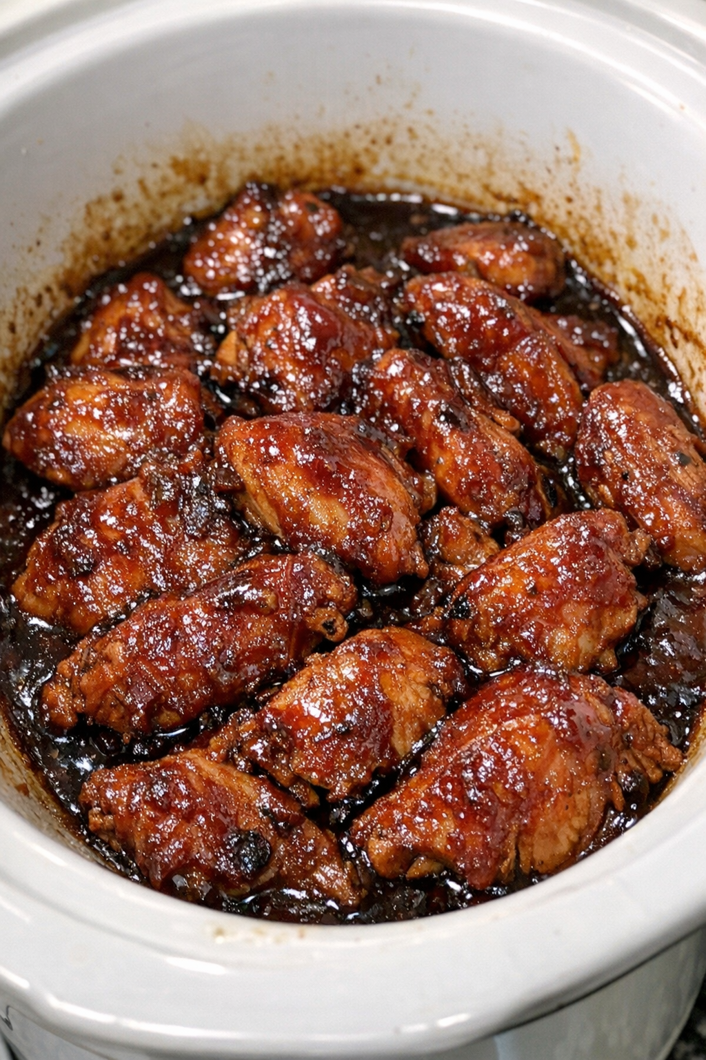 Slow cooker Amish ketchup chicken in a white slow cooker