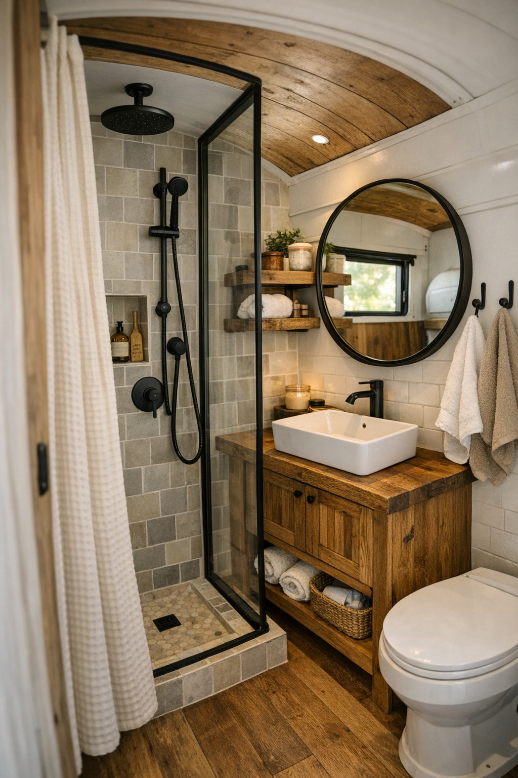 Compact rustic bus bathroom with tiled shower and wood vanity