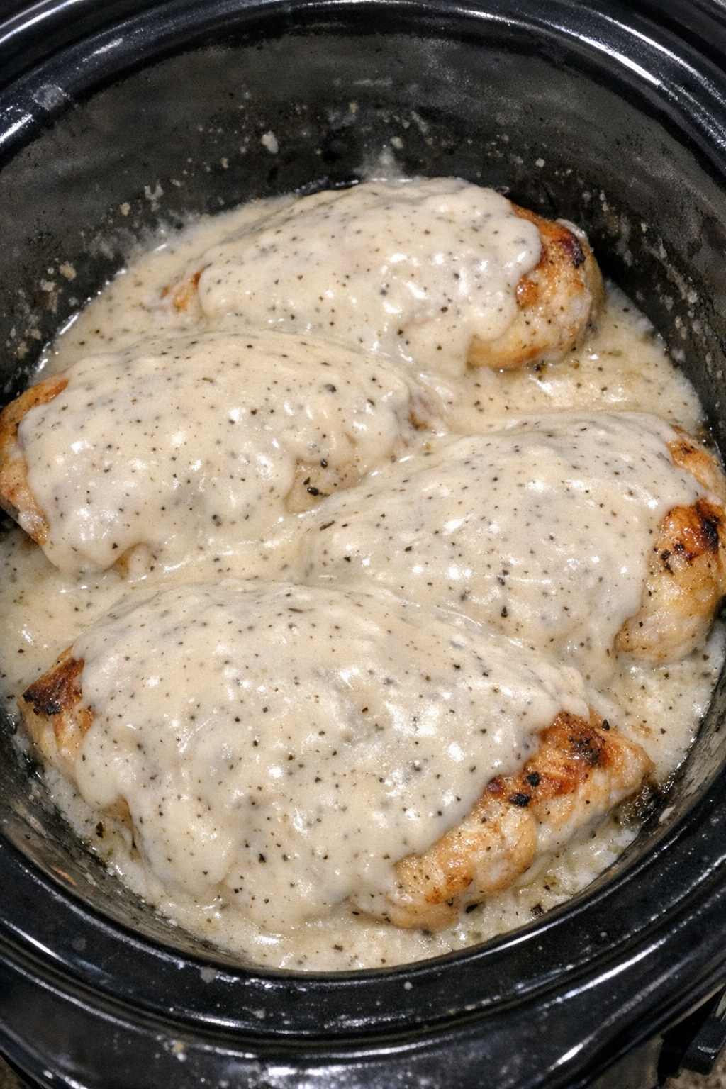 Slow cooker country gravy chicken with creamy pepper gravy