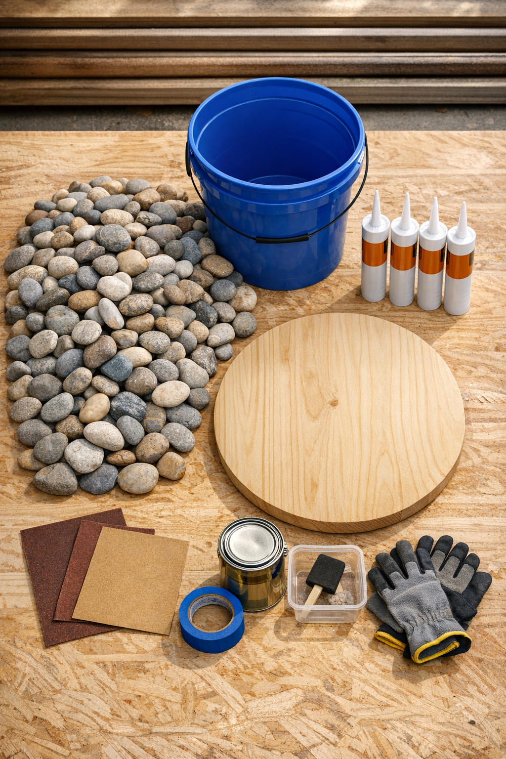 Materials for a river rock backyard side table laid out together