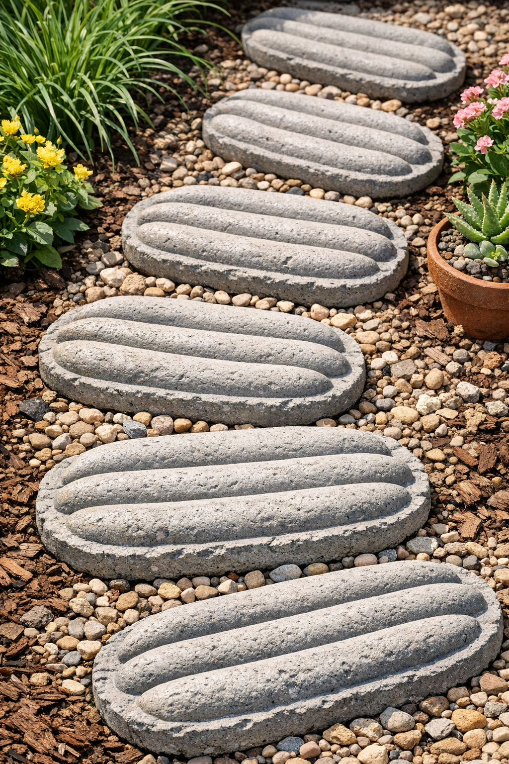 Finished ridged patio slabs made from hot dog boats and cement