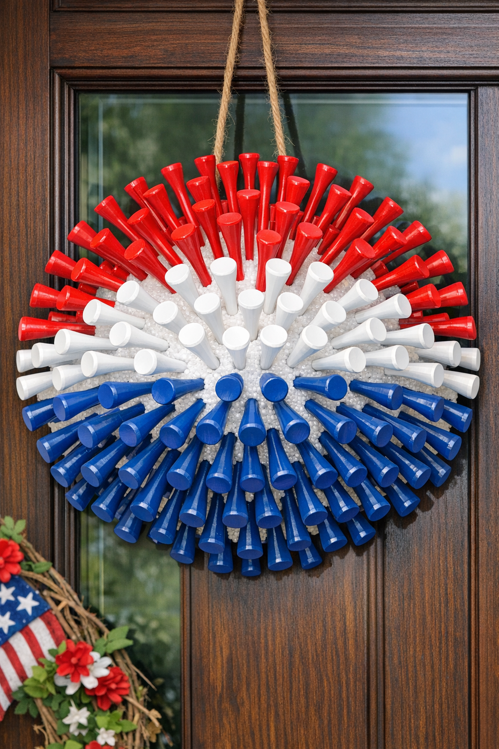 Finished giant patriotic firework front door hanger made with painted golf tees