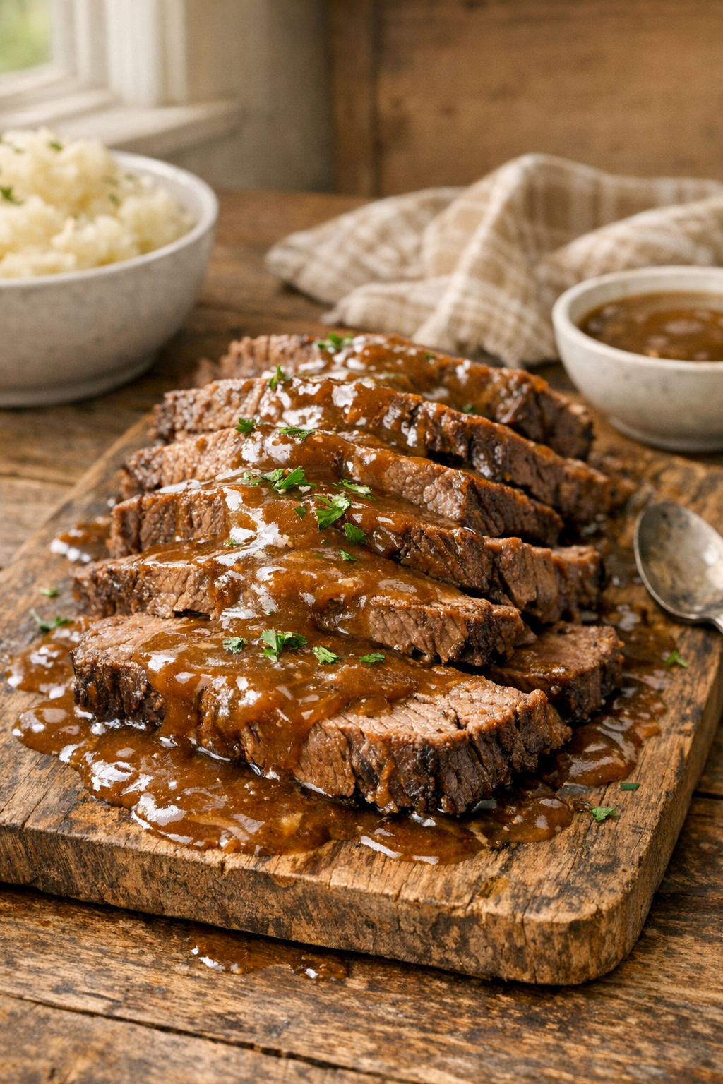 Finished plated slow cooker church supper beef with gravy