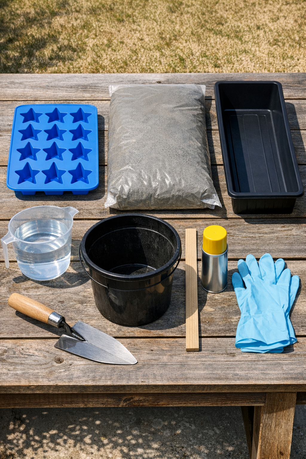 Materials for making concrete star-studded yard forms laid out on a work surface