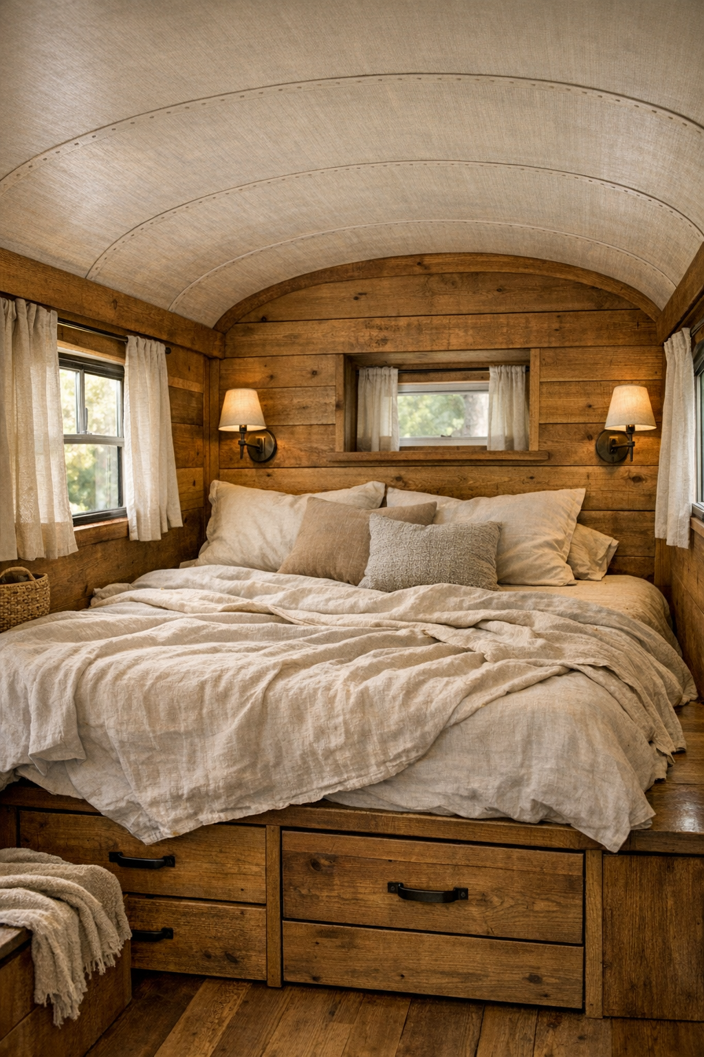 Serene bedroom in a converted bus with built-in bed and layered neutral textiles