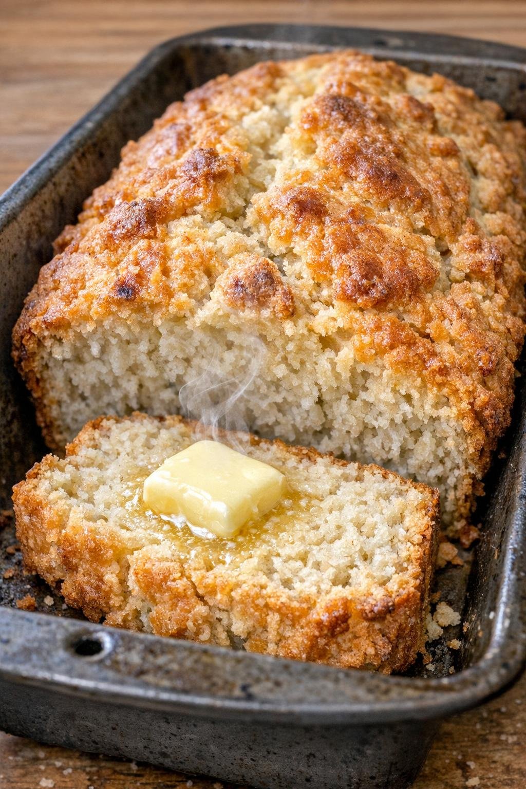 Golden-brown quick loaf in a dark metal loaf pan