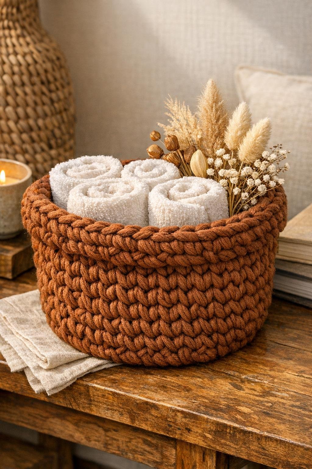 Finished chunky yarn decorative bowl made from a plastic bucket