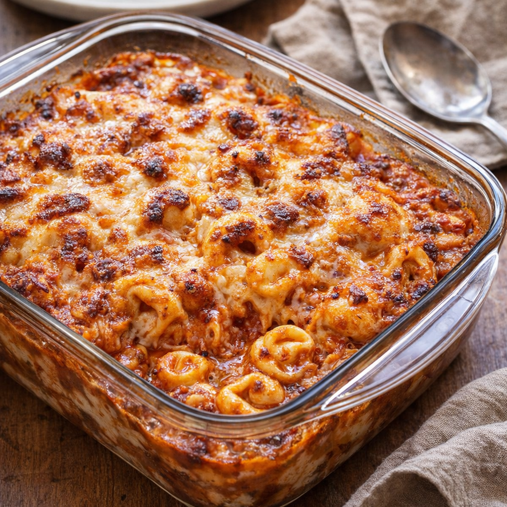 Freshly baked tortellini casserole in a glass dish