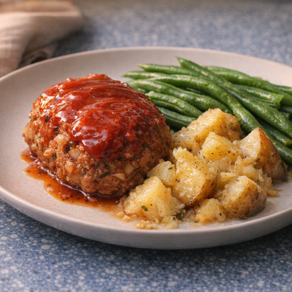 Cooked mini meatloaf with potatoes and green beans on a plate