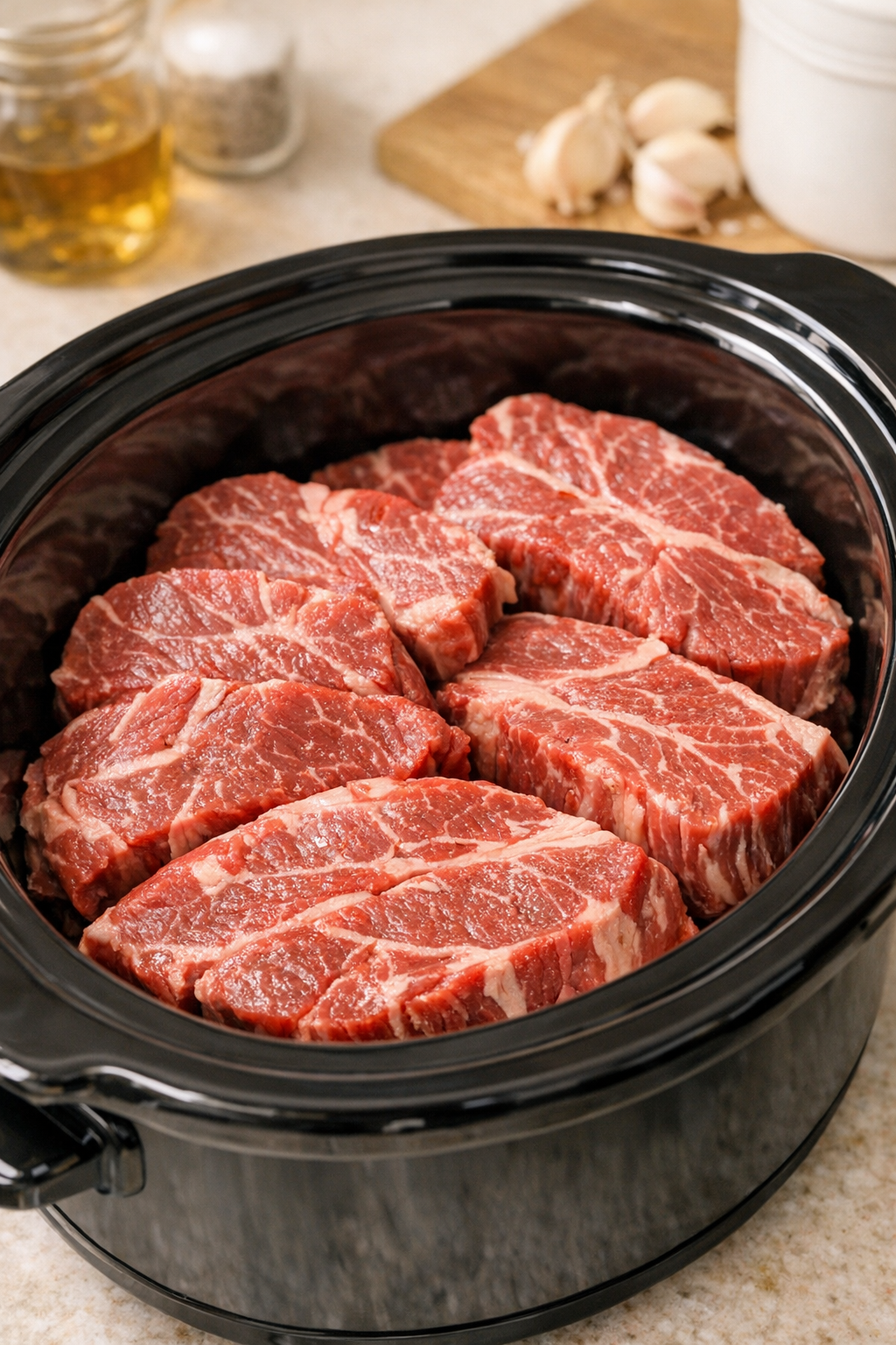 Raw thick-sliced chuck roast arranged in a slow cooker
