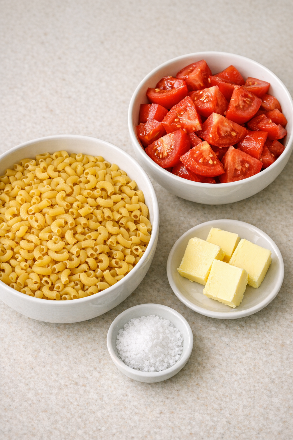 Measured ingredients for macaroni and tomatoes