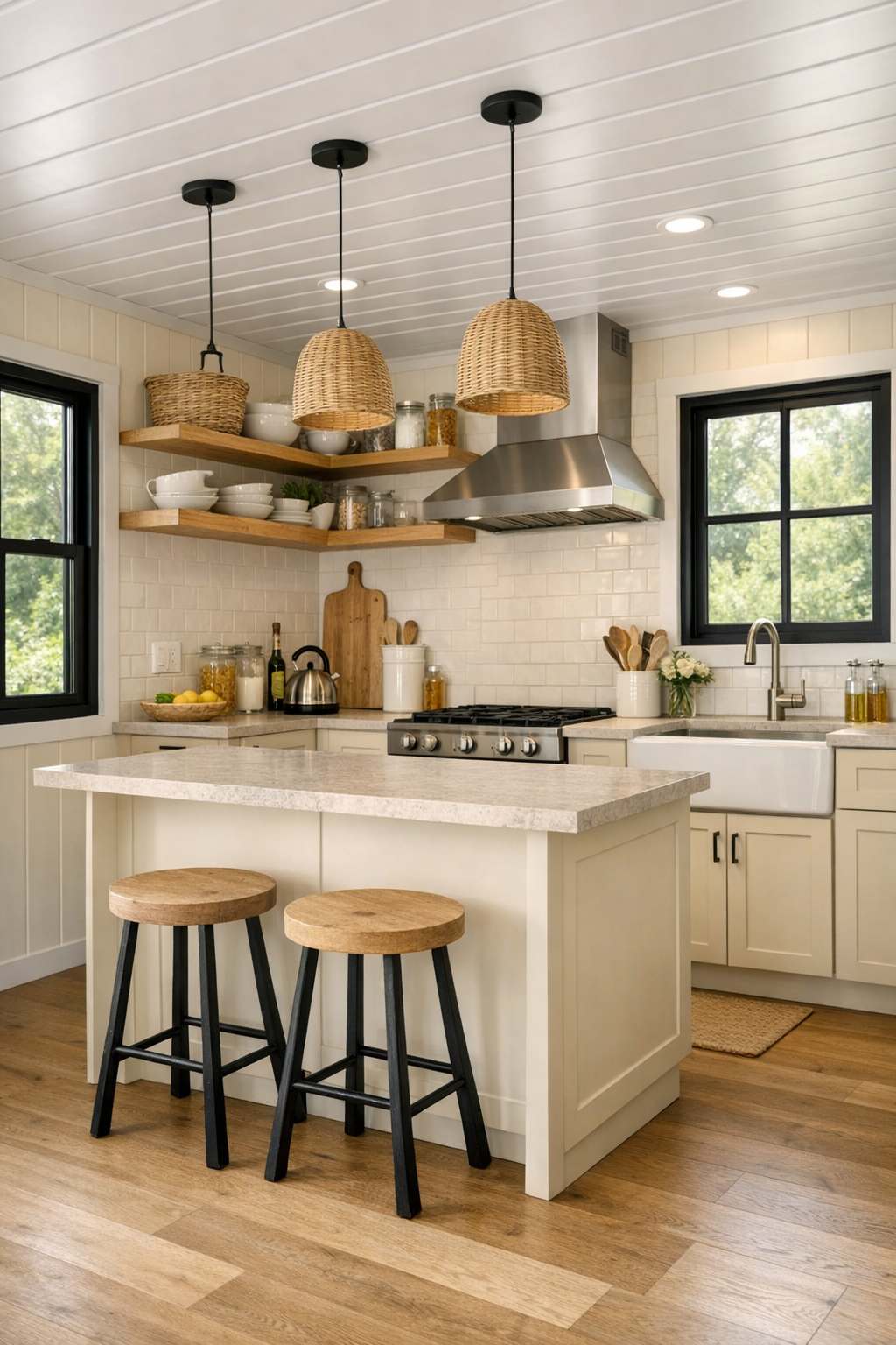Creamy modern kitchen with pale cabinetry, light stone counters, and open shelving