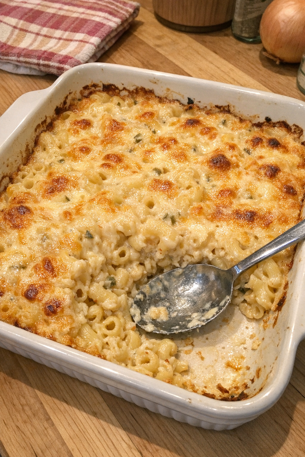 Baked pepper jack cheese macaroni in a casserole dish