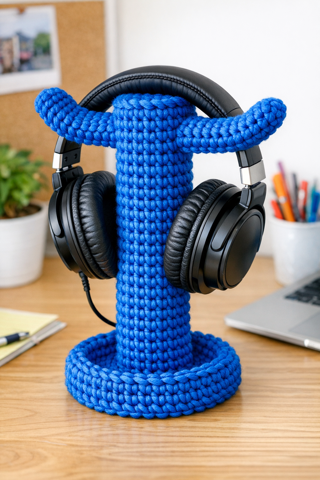 Finished crocheted electric blue headphone organizer on a desk