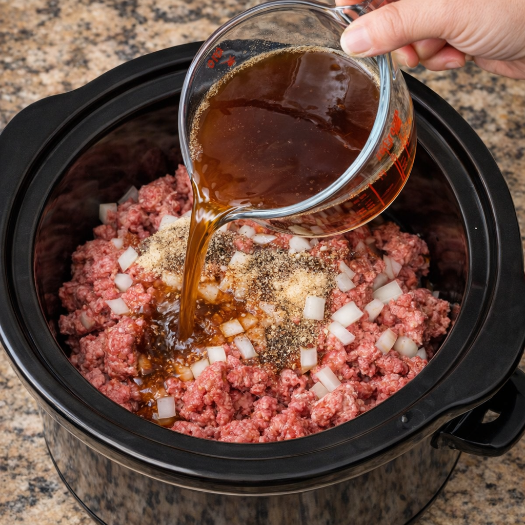 Beef broth being poured over raw ground beef, onions, and seasonings in a slow cooker