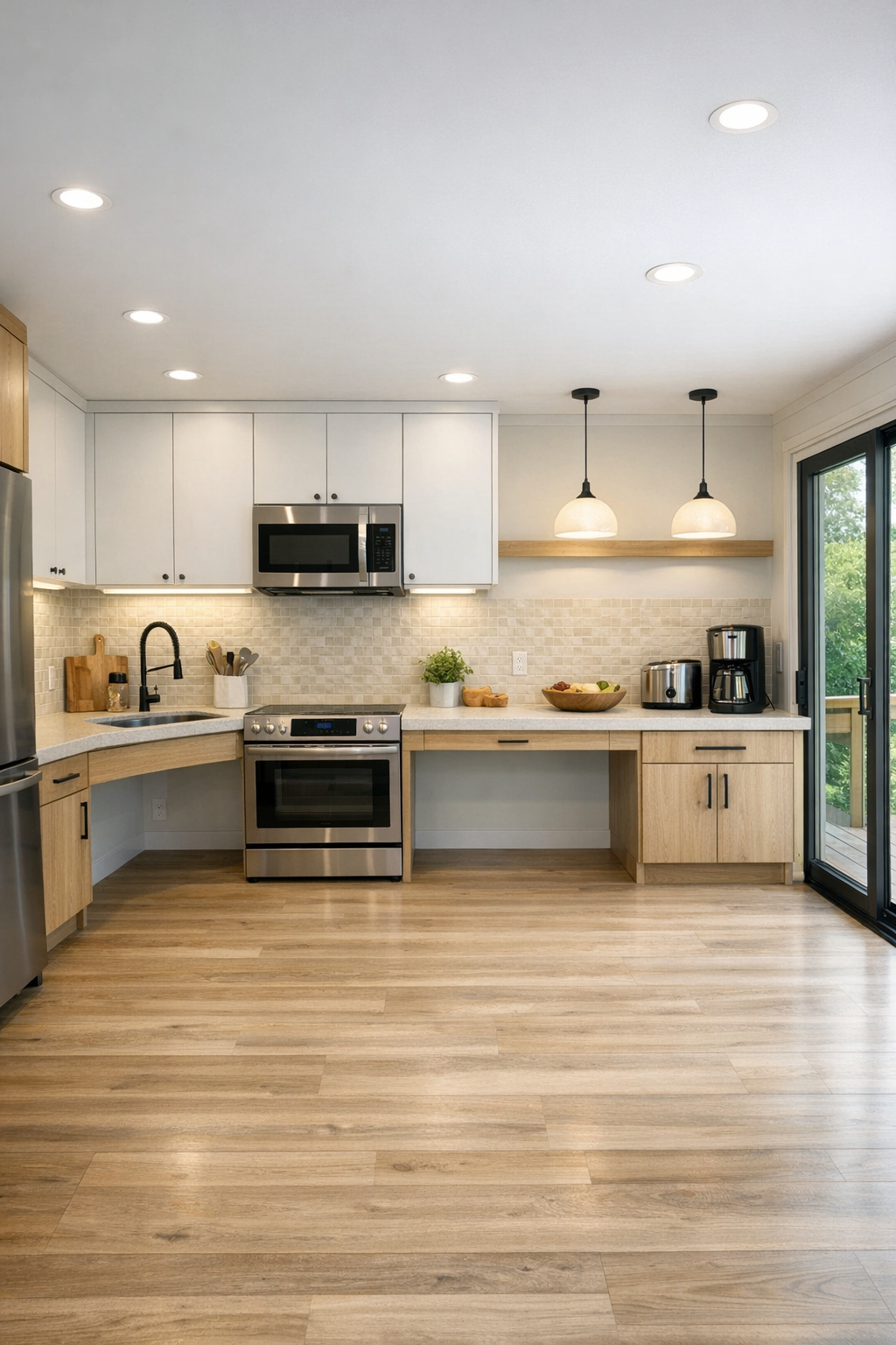 Accessible modern kitchen with light wood cabinets and pale quartz counters