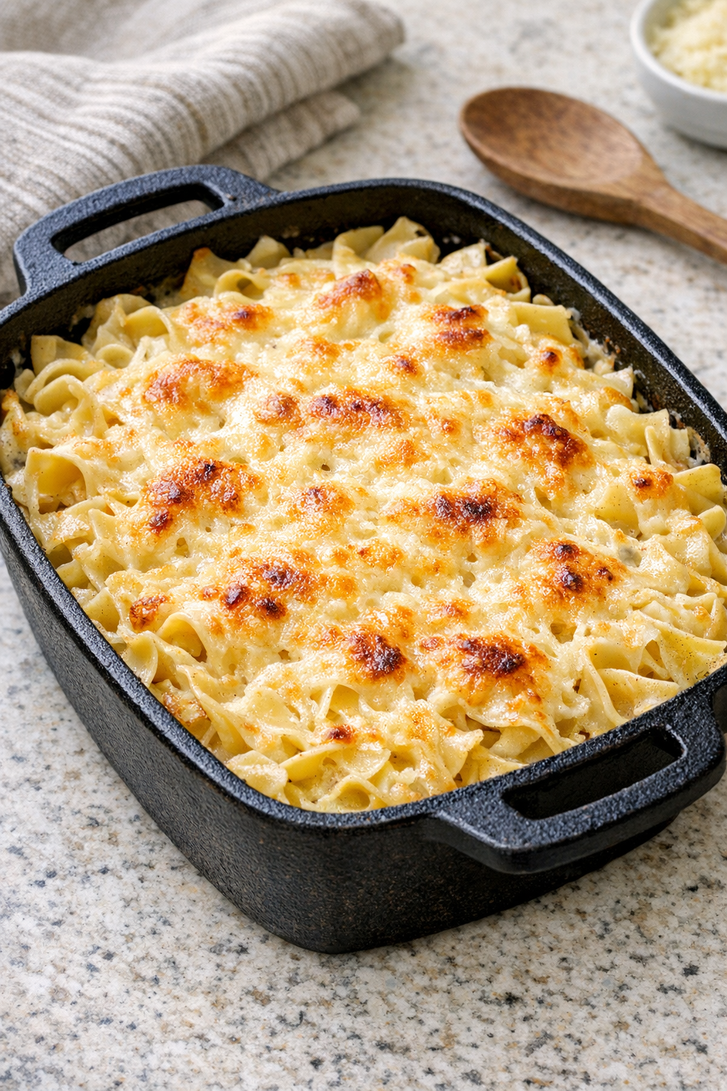 Finished Swiss cheese noodle bake in a cast iron casserole dish