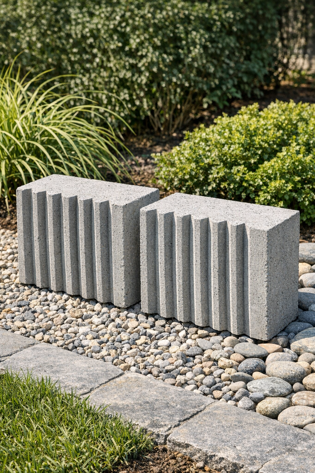 Two finished heavy ribbed cement landscape blocks displayed outdoors