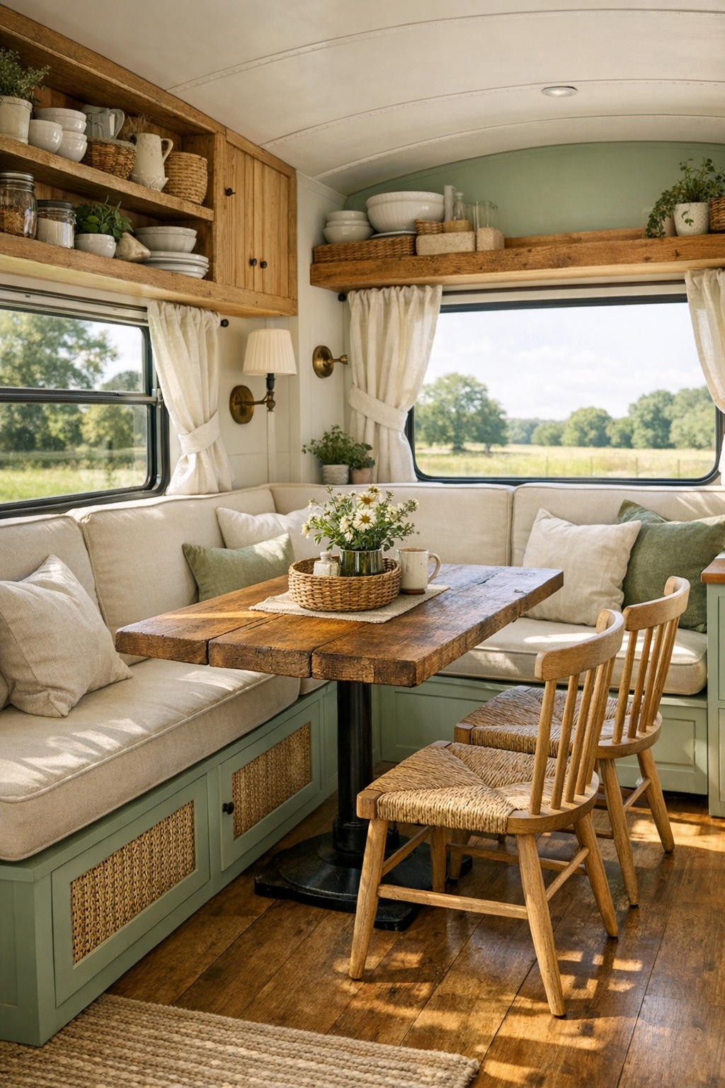 Compact dining nook with banquette seating, oak table, and countryside views