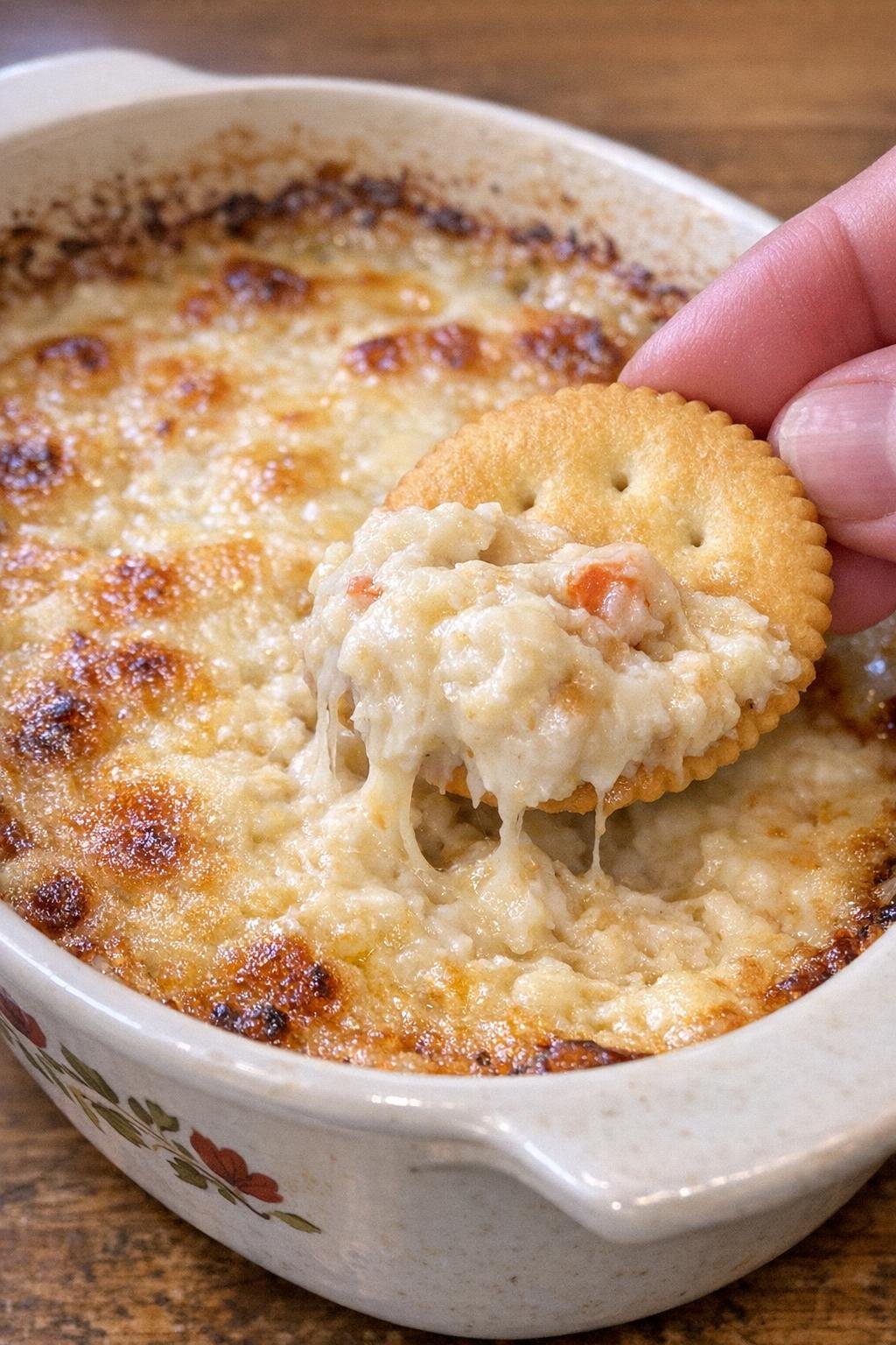 Crab Beasley dip in a vintage casserole dish