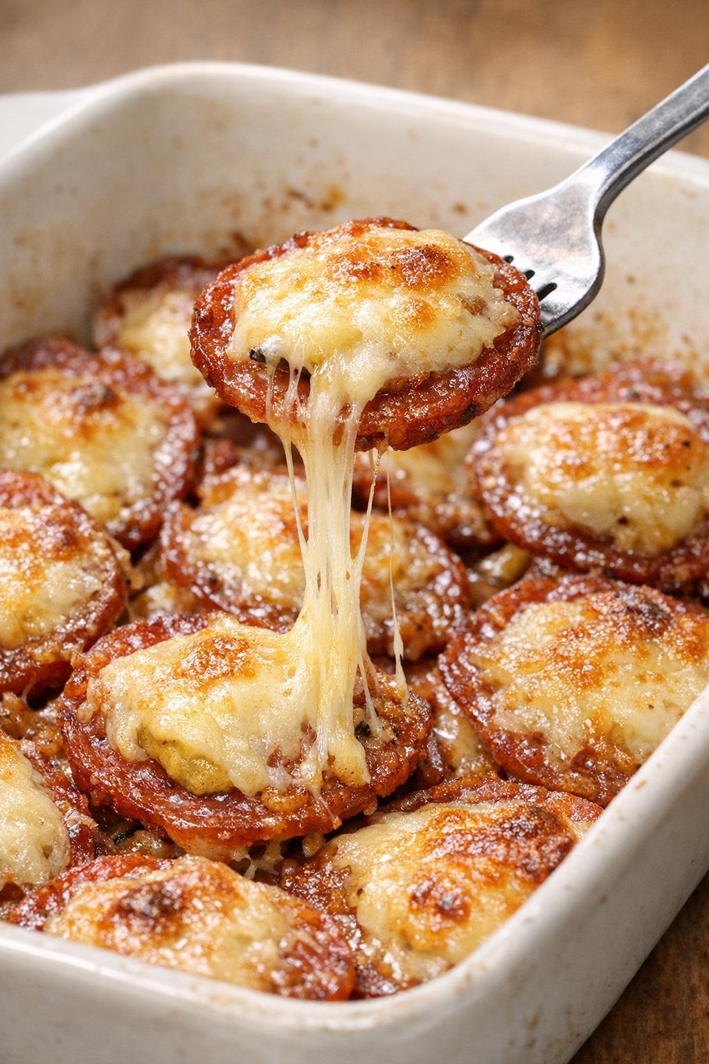 Low carb salami bakes in a casserole dish with a cheese pull