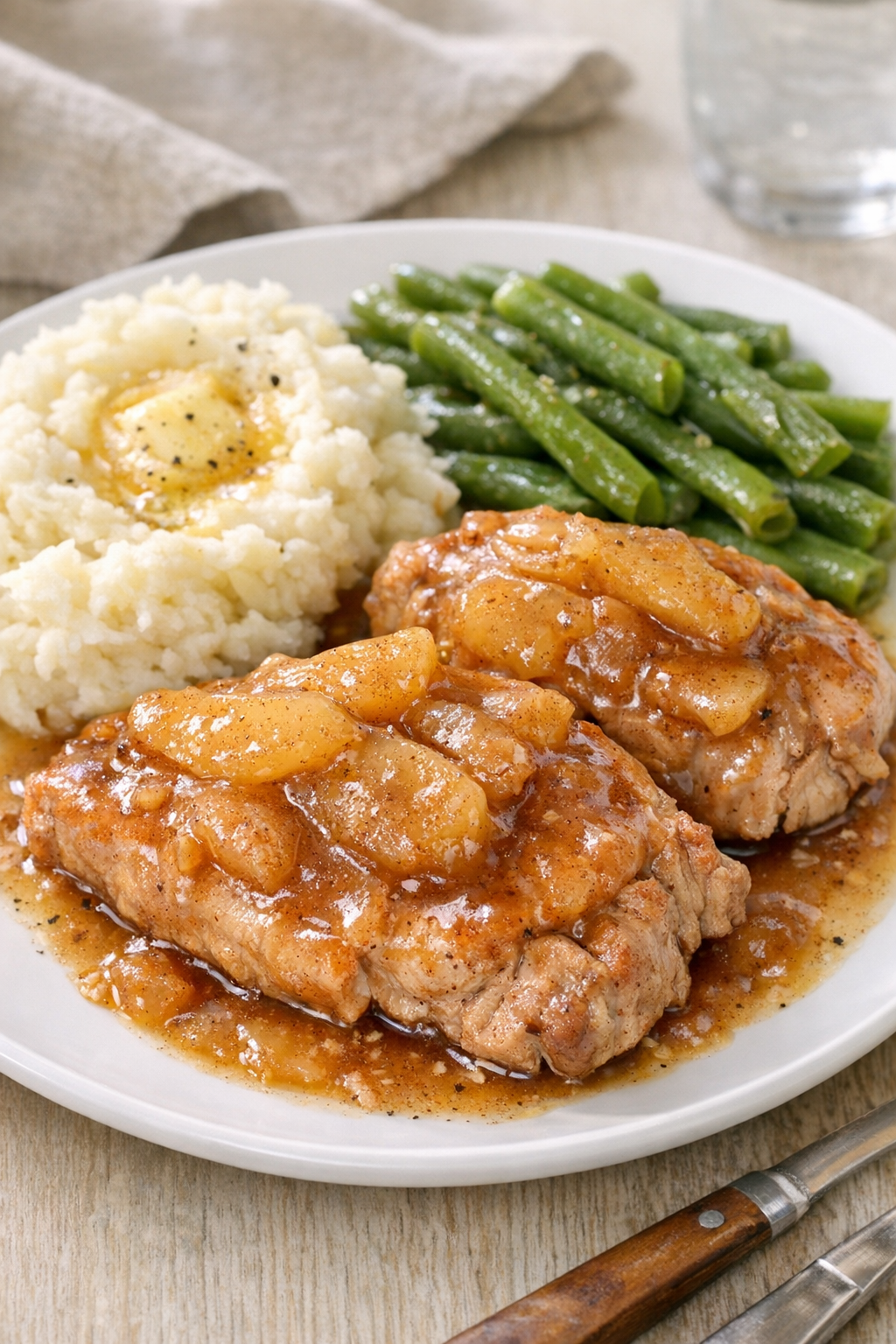 Finished apple pork plated with glossy apple topping