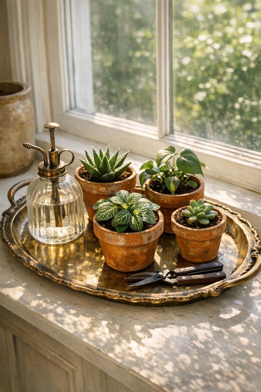 Old serving tray used under small houseplants