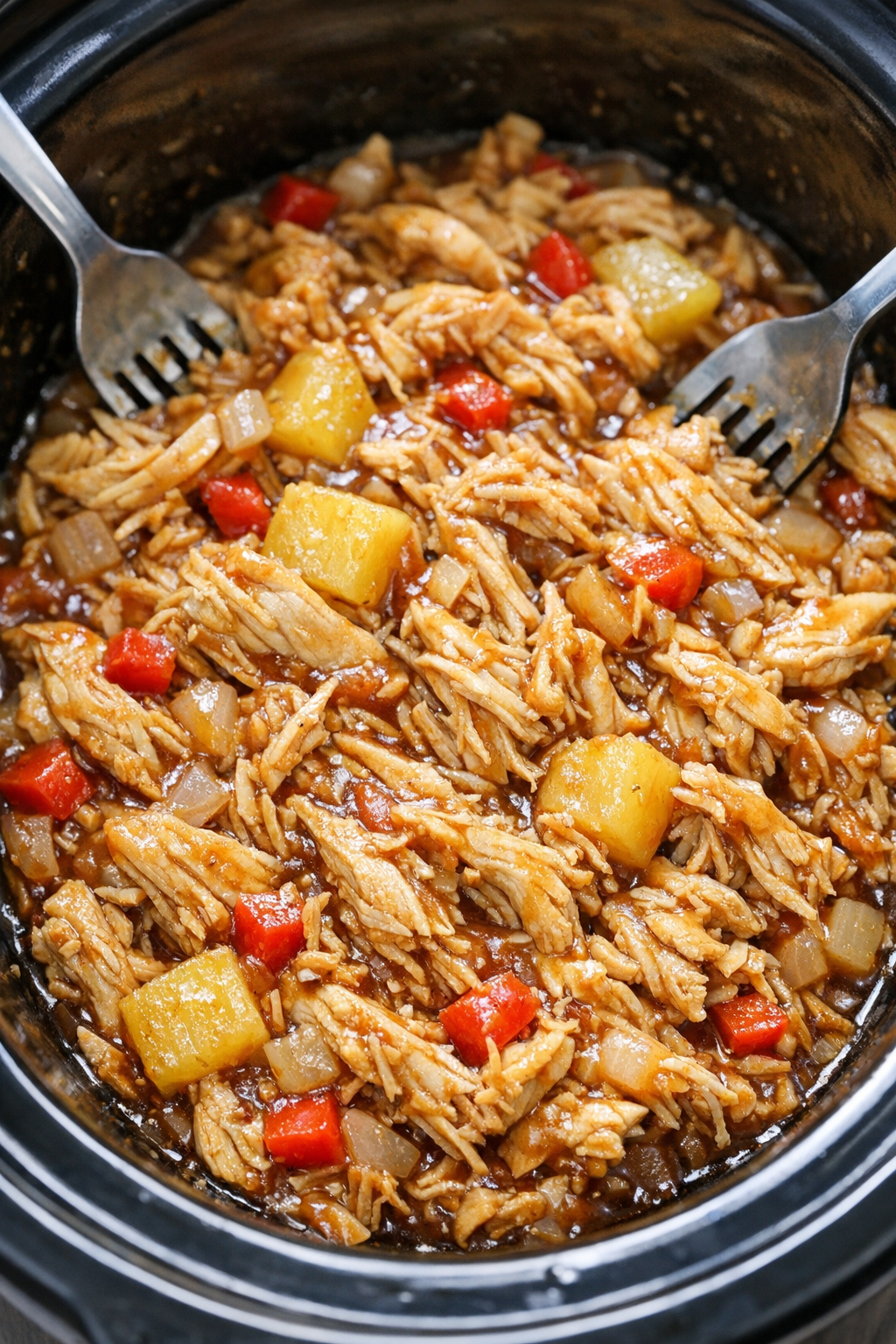 Shredded chicken mixed into slow cooker sauce