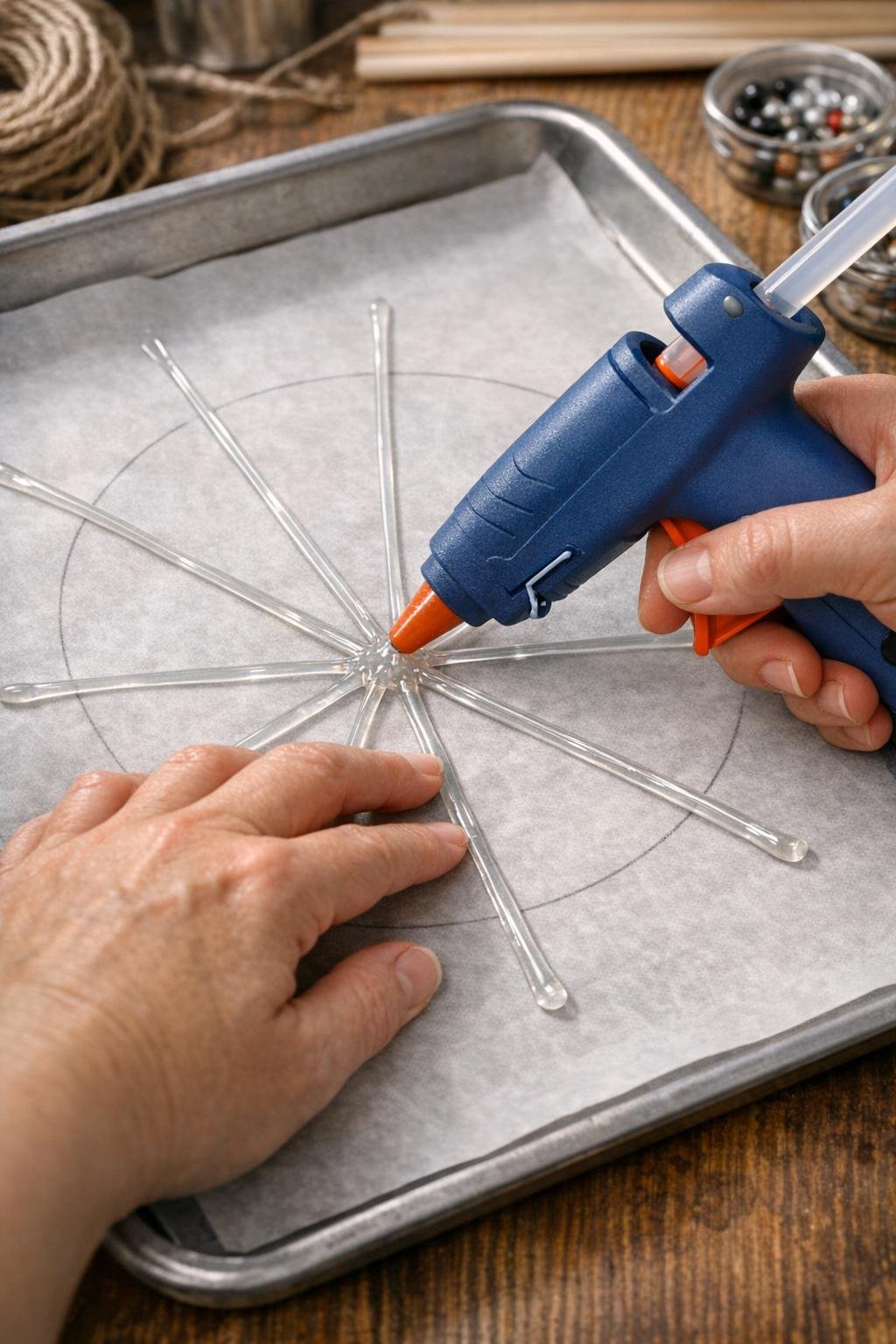 Hot glue spokes being drawn from the center of a spiderweb on parchment-lined baking sheet