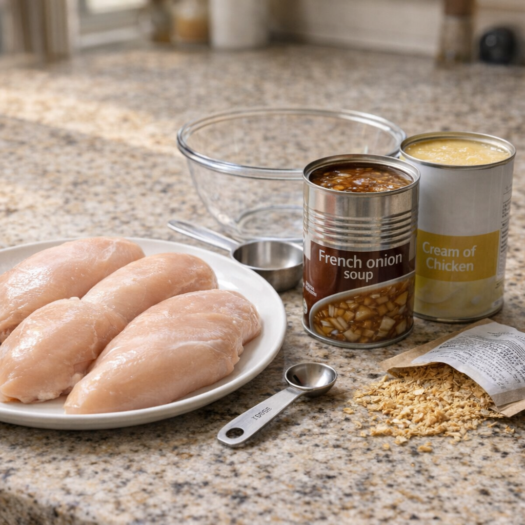 Ingredients for onion chicken arranged on a kitchen counter
