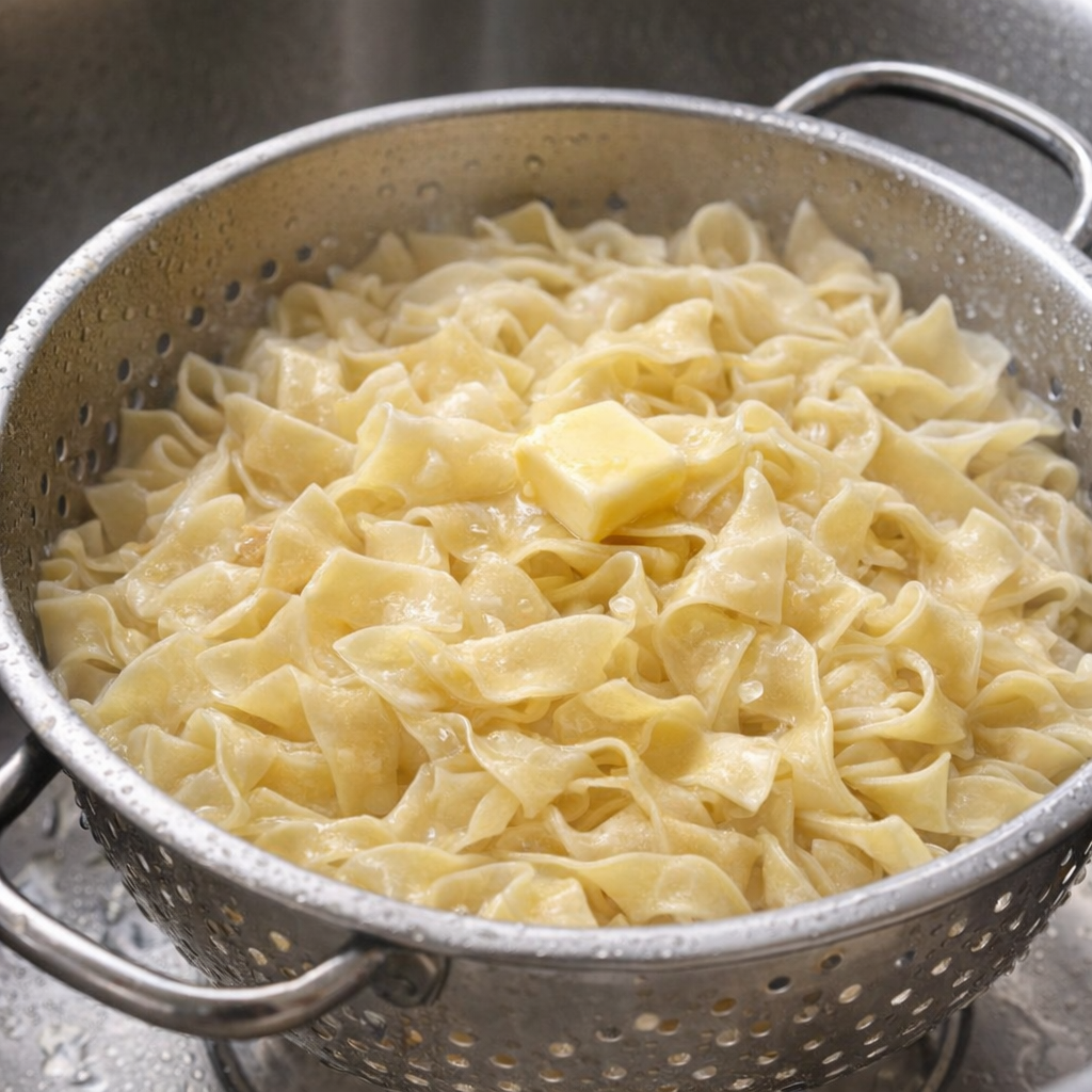 Cooked egg noodles draining in a colander