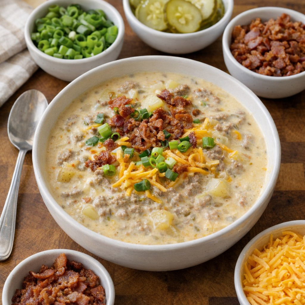 Cheeseburger soup with topping options laid out beside it