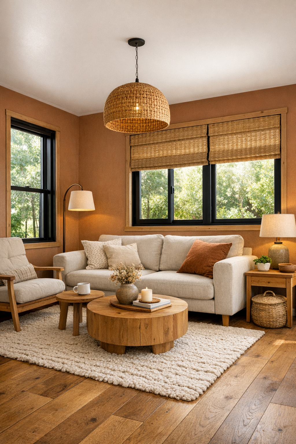 Warm clay-toned living room with oak floors, soft sofa, and layered lighting