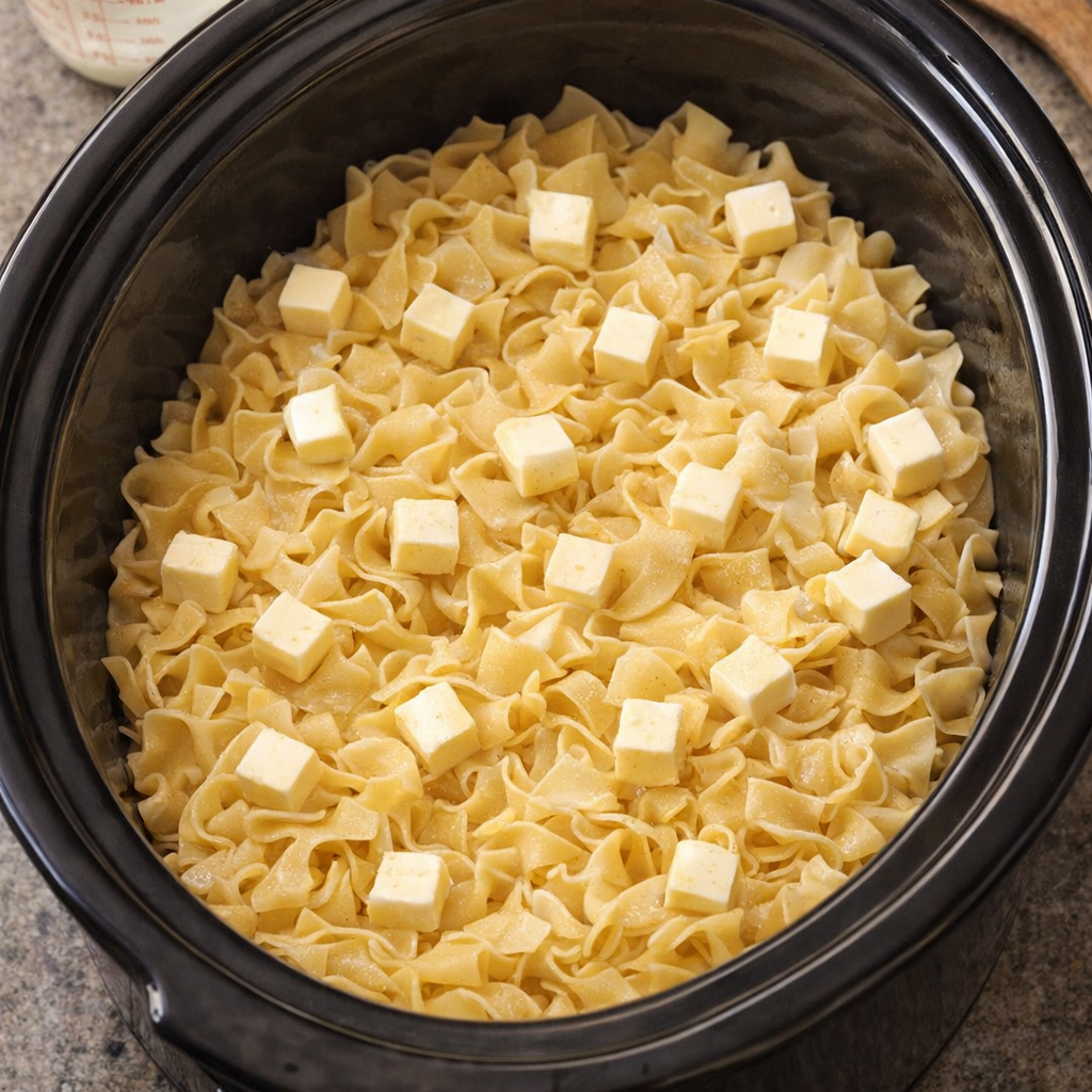 Egg noodles and butter layered in a slow cooker