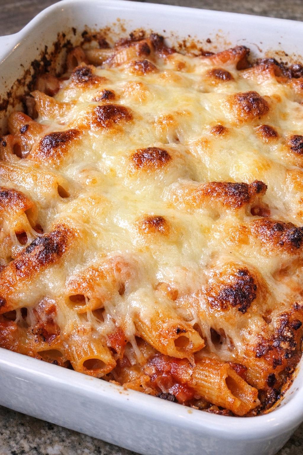 Golden provolone penne bake fresh from the oven