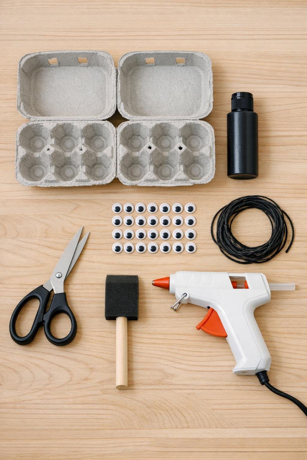 Materials for making an egg carton bat garland laid out on a table