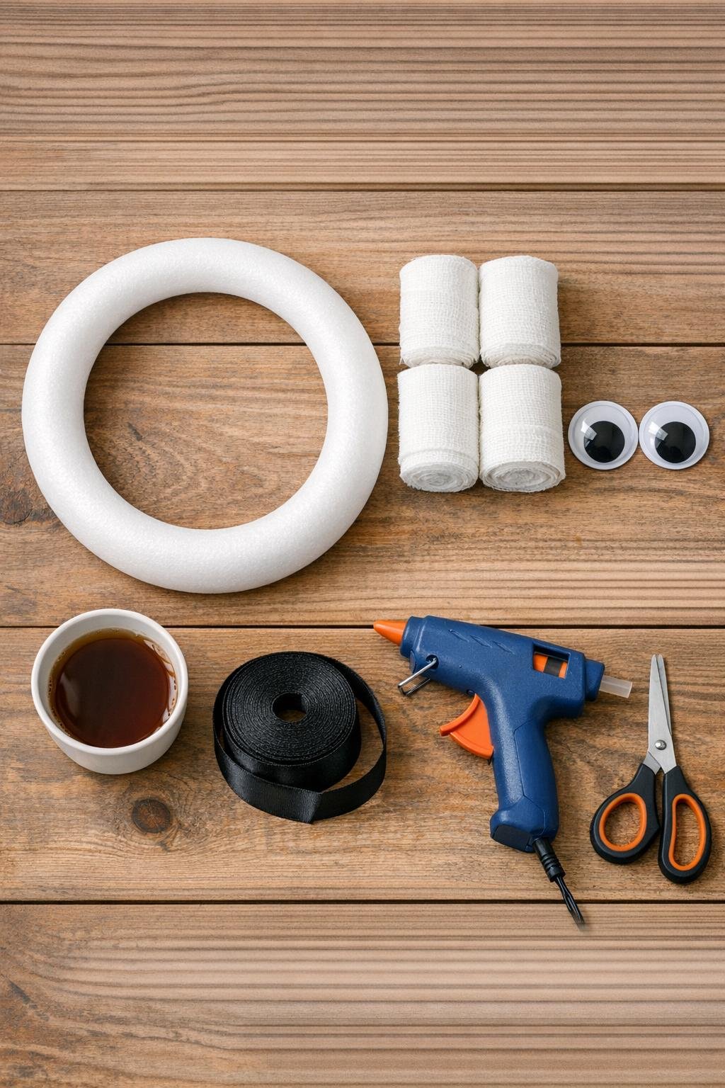 Materials for a gauze-wrapped foam ring Halloween wreath