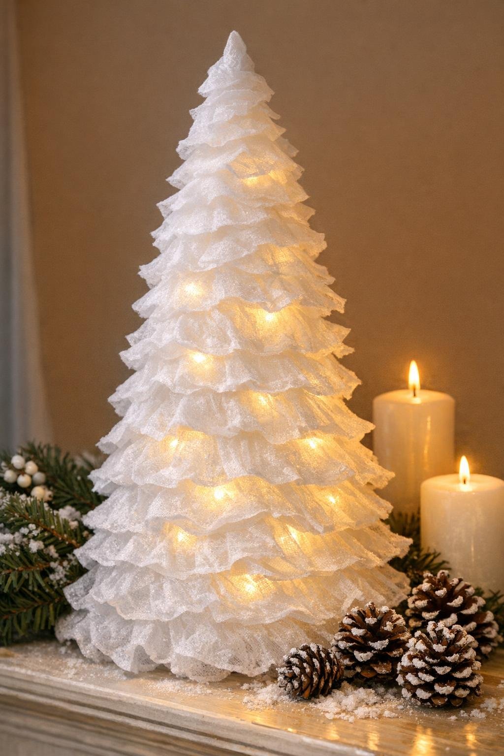 Finished glowing frosted tree made from dryer sheets