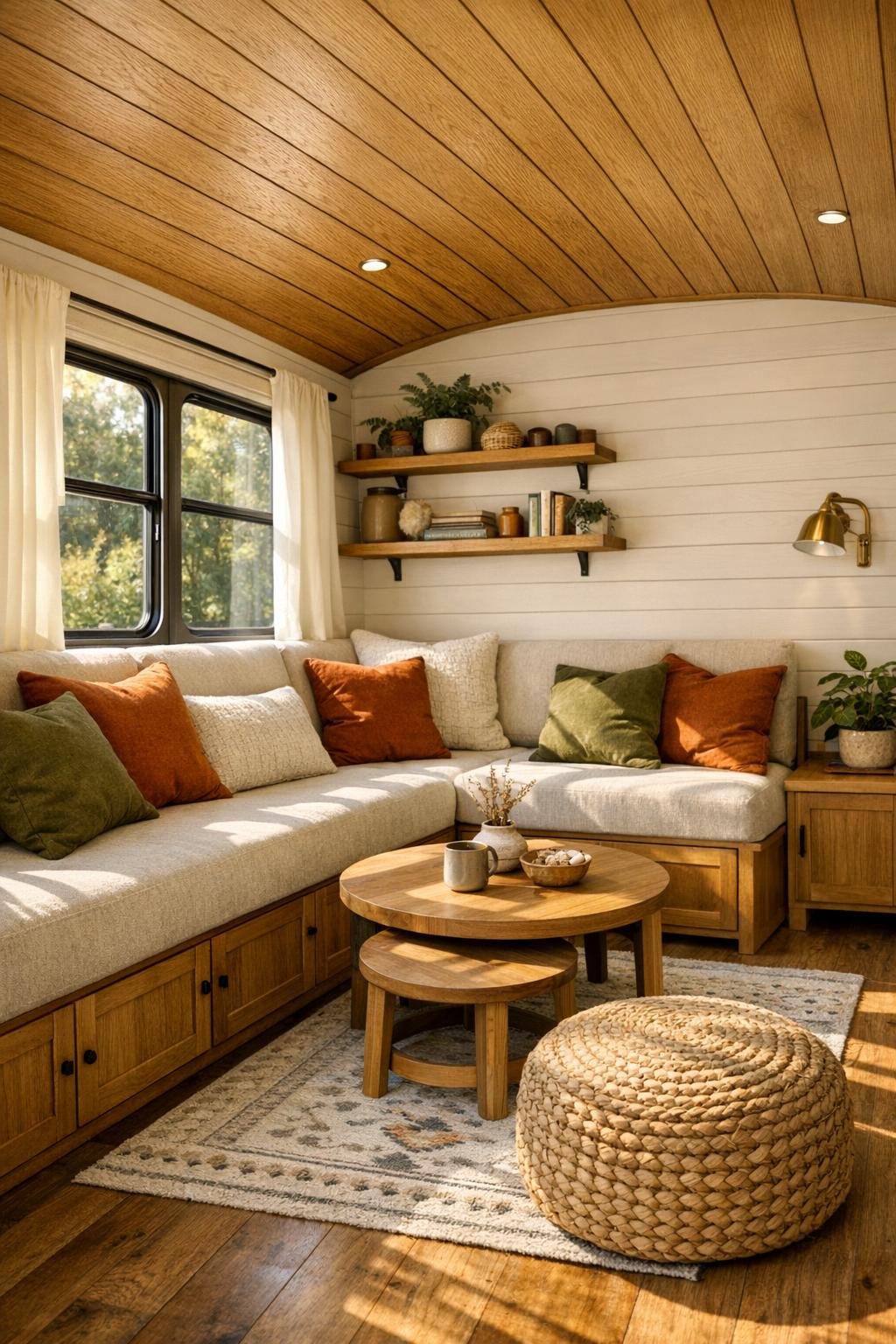 Cozy bus living room with built-in bench seating and warm wood ceiling