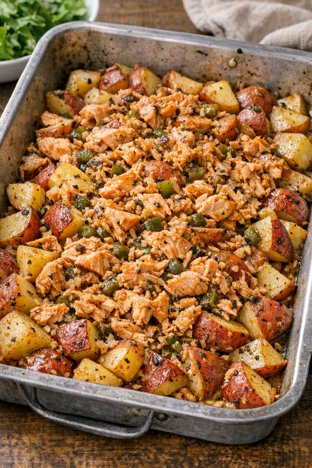 Finished baked jalapeno salmon and potatoes in a roasting pan