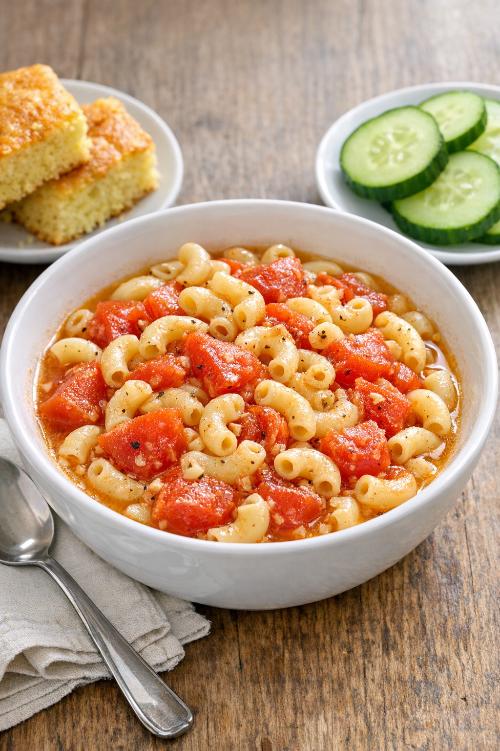 Plated macaroni and tomatoes with simple sides
