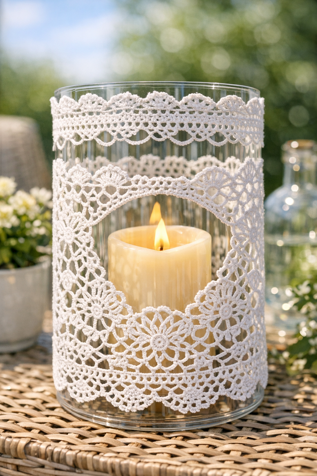 Finished crochet lace pretzel tub candle hurricane