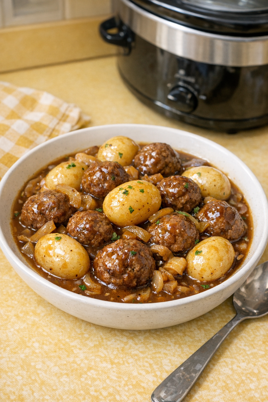 Finished slow cooker meatballs and potatoes in rich brown gravy