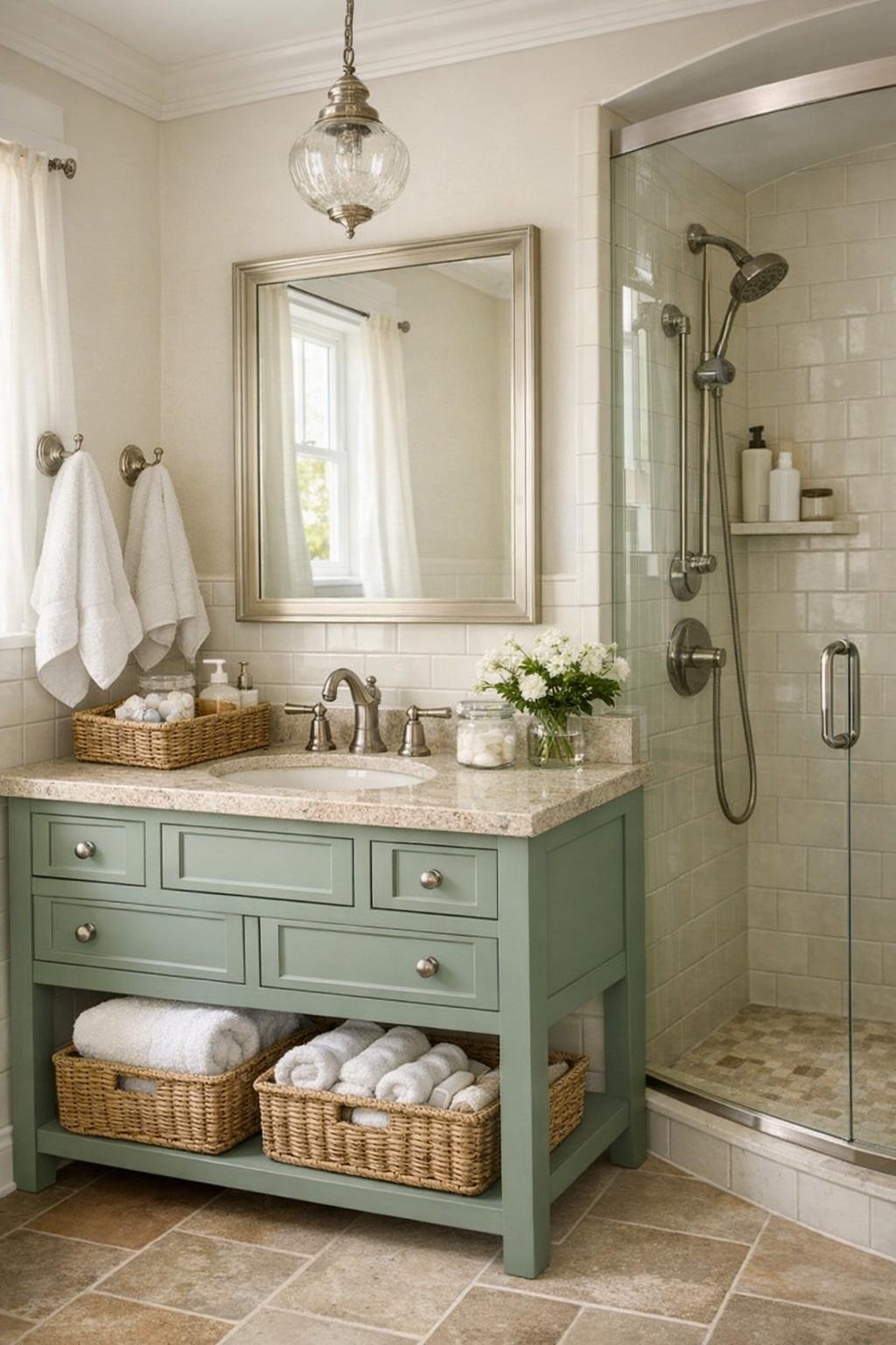 Light cottage bathroom with a painted vanity, stone countertop, and soft neutral tile
