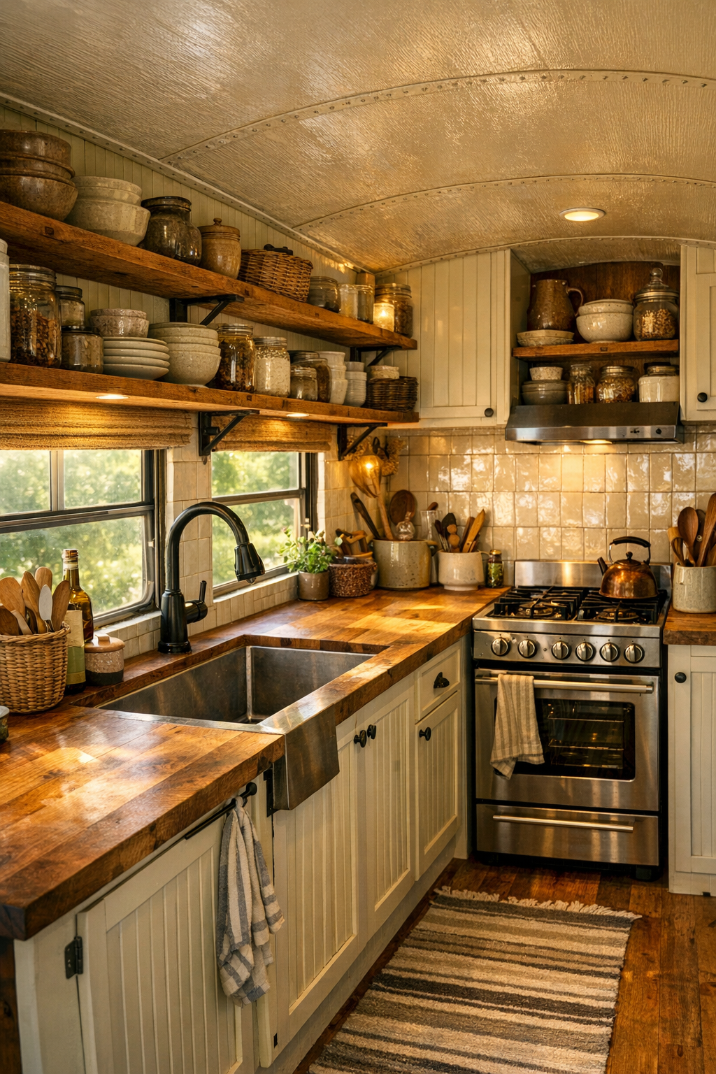 Off-grid bus kitchen with butcher-block counters and open shelving